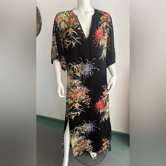Zara Black Floral V-Neck Kaftan Maxi Dress Small - Picture 5 of 10